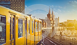 U-Bahn with Oberbaum Bridge at sunset, Berlin Friedrichshain-Kreuzberg, Germany