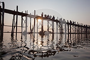 U bein bridge - famous and longest teak wood bridge over Taungthaman Lake, Myanmar