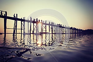 U bein bridge - famous and longest teak wood bridge over Taungthaman Lake, Myanmar