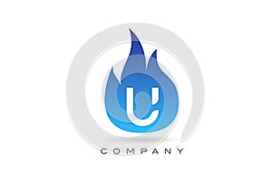 U blue fire flames alphabet letter logo design. Creative icon template for company and business