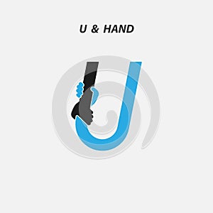 U - Letter abstract icon & hands logo design vector template.Italic style.Business offer,Partnership,Hope,Help,Support,Teamwork s