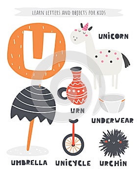 U letter objects and animals including unicorn, urn, umbrella, unicycle, urchin, underwear.