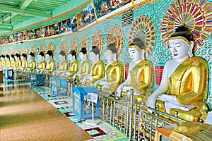 U-Min Thonze Caves have Golden Buddha statues row, in Sagaing, Burma Myanmar