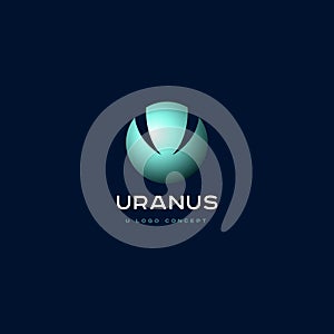 U monogram. U planet emblem. Uranus logo. Azure letter like a planet.