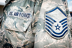 U.S. army air force emblem and rank on soldier uniform