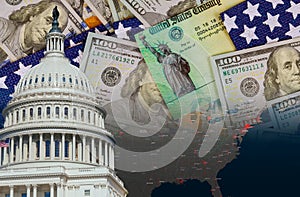 U.S. Capitol in Washington D.C. with Coronavirus financial a stimulus bill individual checks from government USA dollar cash