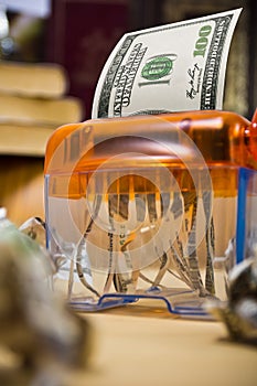 U.S. Dollar banknote in a paper shredder