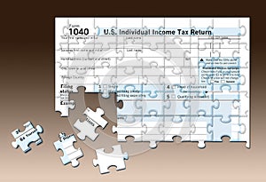 A U.S. Federal 1040 income tax form is seen as a jigsaw puzzle with pieces out of place in this image. This supports the theme of