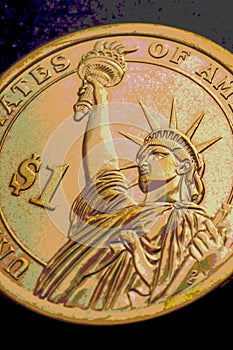 U.S. one dollar coin close-up. Dramatic golden vertical illustration about American economy, money and finance. Dark expressive