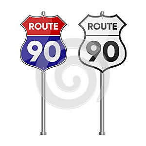 U.S. route 90 sign. Shield sign with route number. The popular route in america. Vector illustration.