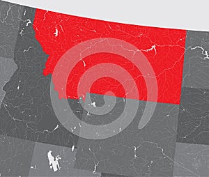 Map of Montana with lakes and rivers.