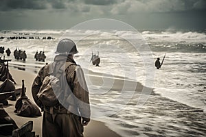 U.S. troops wading to Utah Beach during the D-Day. Neural network AI generated