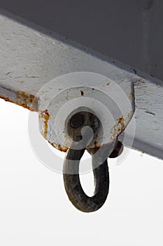A u-shaped clevis fastener on a boat.