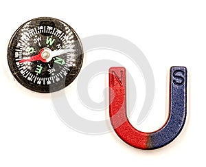 U-shaped red and blue magnet and black compass isolated on white background