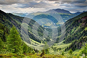 U-shaped valley with forests and meadows Carnic Alps Austria