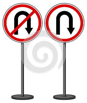U-turn and No U-turn sign with stand isolated on white background