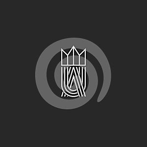 UA letters logo monogram and crown symbol, overlapping thin line shape, combination A and U marks, weaving linear design element