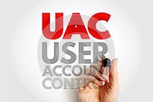 UAC USER ACCOUNT CONTROL written by hand. Conceptual cybersecurity image depicting system authorization, administrative