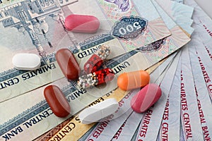 UAE Currency Dirhams and Medicine, Capsules and Pills