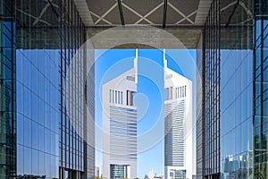 UAE, Dubai downtown financial skyline and business shopping center near Emirate Towers