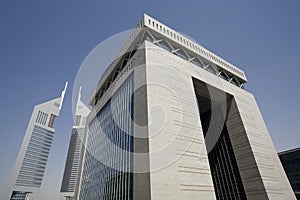 UAE Dubai The Gate building of the Dubai International Financial Centre and the Emirates Towers