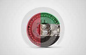 UAE flag on a bitcoin cryptocurrency coin. 3D Rendering