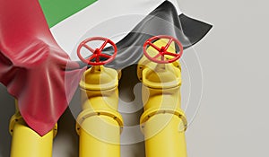 UAE flag covering an oil and gas fuel pipe line. Oil industry concept. 3D Rendering