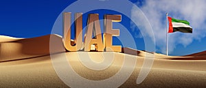 UAE in Golden 3D Letters with a National UAE Flag - 3D Illustration