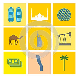 UAE landmark icons set. Camels and oil pumps. Palm trees and sky