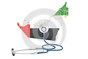 UAE map with stethoscope, national health care concept, 3D rendering