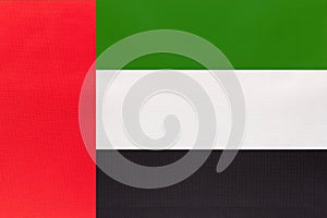 UAE national fabric flag, textile background. United Arab Emirates state official sign