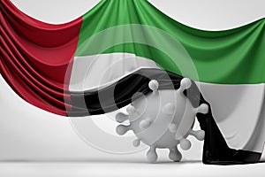 UAE national flag draped over a Covid virus disease molecule. 3D Rendering