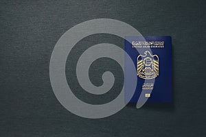 UAE Passport on dark background with copy space - 3D Illustration