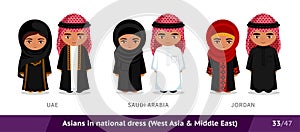 UAE, Saudi Arabia, Jordan. Men and women in national dress. Set of asian people wearing ethnic traditional costume.