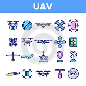 UAV, Remote Control Drones Vector Linear Icons Set