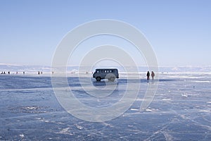 UAZ on the frozen lake Baikal. UAZ-452 is a family of cab over off-road vans produced at the Ulyanovsk Automobile Plant