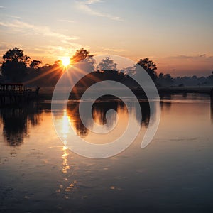 Ubein is the world\'s longest wooden bridge at sunrise.