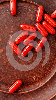 ubiquinol (coQ10) coenzyme q10 supplement softgels pills vertical top view. immune prevention care concept photo