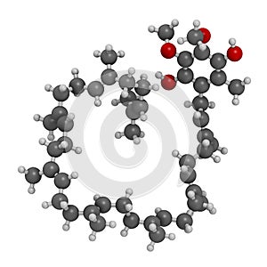 Ubiquinol molecule. Reduced form of coenzyme Q10. 3D rendering. Atoms are represented as spheres with conventional color coding: photo