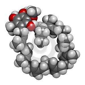 Ubiquinol molecule. Reduced form of coenzyme Q10. 3D rendering. Atoms are represented as spheres with conventional color coding: photo