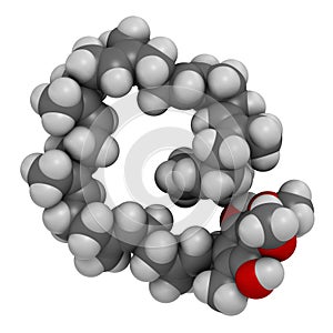 Ubiquinol molecule. Reduced form of coenzyme Q10. 3D rendering. Atoms are represented as spheres with conventional color coding: photo