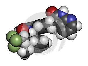 Ubrogepant migraine drug molecule (CGRP receptor antagonist). 3D rendering. Atoms are represented as spheres with conventional