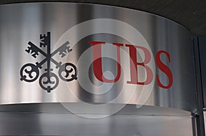 UBS Bank logo on metallic surface