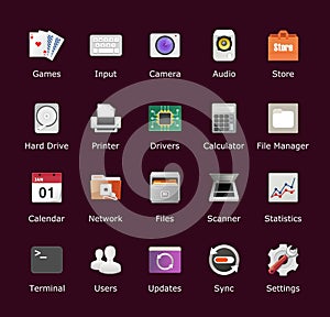 Ubuntu icon pack. Linux inspired theme. Desktop icons. Mobile smartphone customization element. Vector illustration.