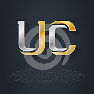 UC - initials, gold logo inlaid with silver. U and C - Metallic 3d icon or logotype template. Design element with lineart option