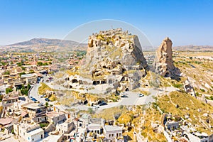 Uchisar castle in rock formation. Cappadocia. Nevsehir Province. Turkey