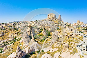 Uchisar castle in rock formation. Cappadocia. Nevsehir Province. Turkey