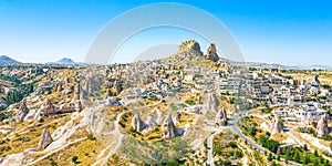 Uchisar castle in rock formation. Cappadocia. Nevsehir Province. Turkey