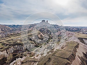 Uchisar cave town, aerial view of Uchisar castle in Cappadocia valle