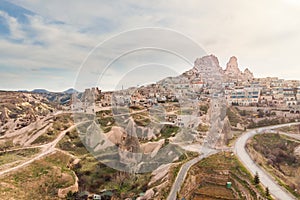 Uchisar cave town, aerial view of Uchisar castle in Cappadocia valle